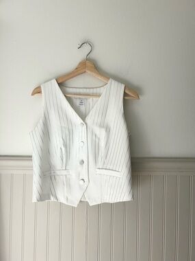 Carole Wren Small White & Silver Pinstripe Button-Front Vest